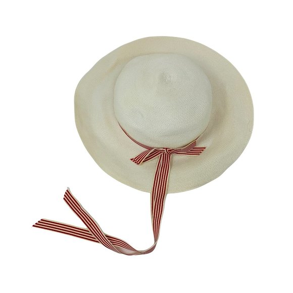 Vintage 1950s Sun Hat White Red Striped Ribbon Chin Strap Bonwit Teller Dapper main image 7